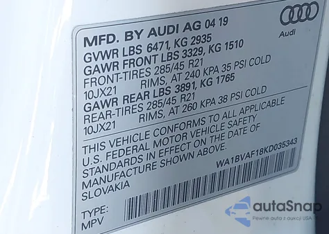 2019 Audi Q8 55 Premium из США, поврежденный, VIN WA1BVAF18KD035343